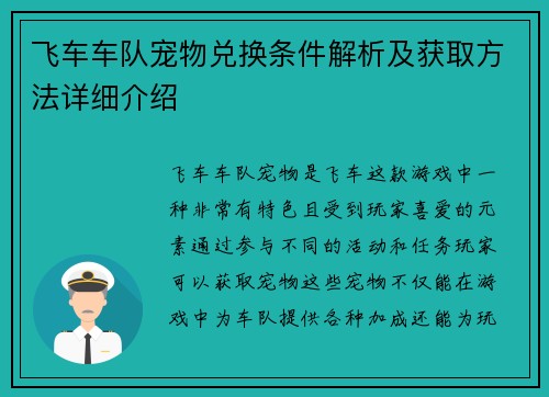 飞车车队宠物兑换条件解析及获取方法详细介绍