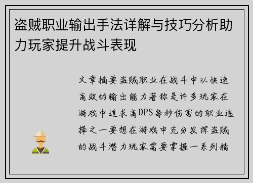 盗贼职业输出手法详解与技巧分析助力玩家提升战斗表现