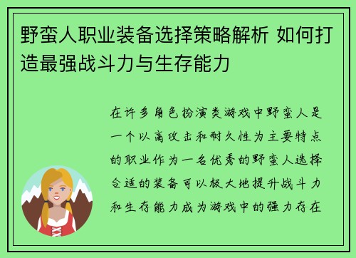 野蛮人职业装备选择策略解析 如何打造最强战斗力与生存能力